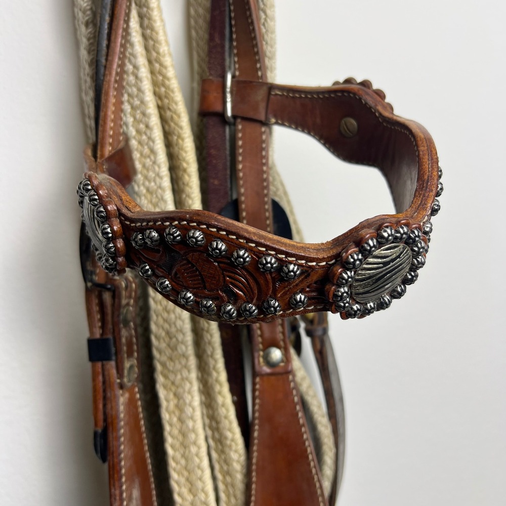 Unbranded Leather Headstall Double Diamond 7ft Reins Zebra Concho Brown Good - Picture 3 of 11